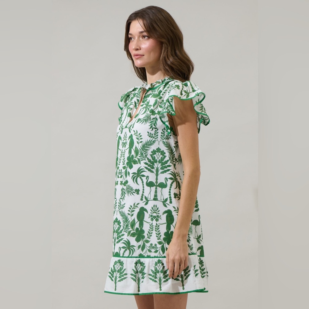Sugarlips Davina White and Green Floral Printed Shift Mini Dress size Small - Picture 3 of 11